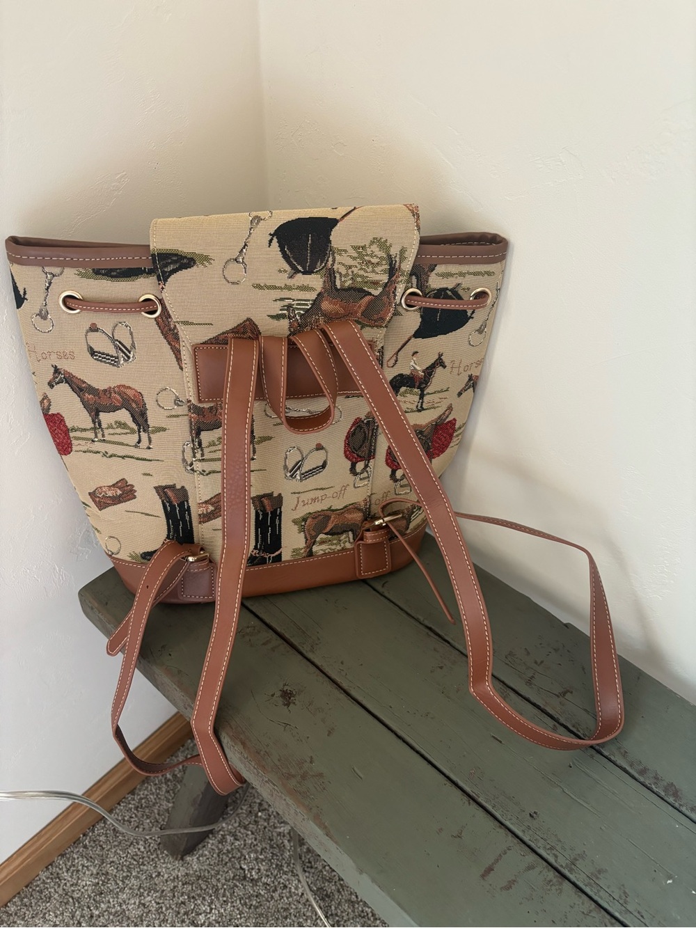 Canvas Equestrian Print Bucket Backpack Bag with Brown Trim - Picture 3 of 3